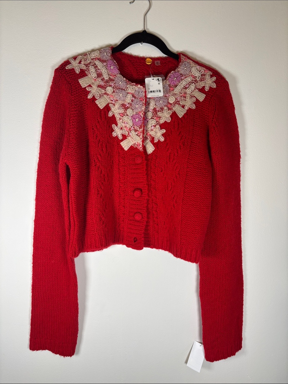 Free People Pixie Cardi Grid Red Floral Sequin Cardigan Size M NWT